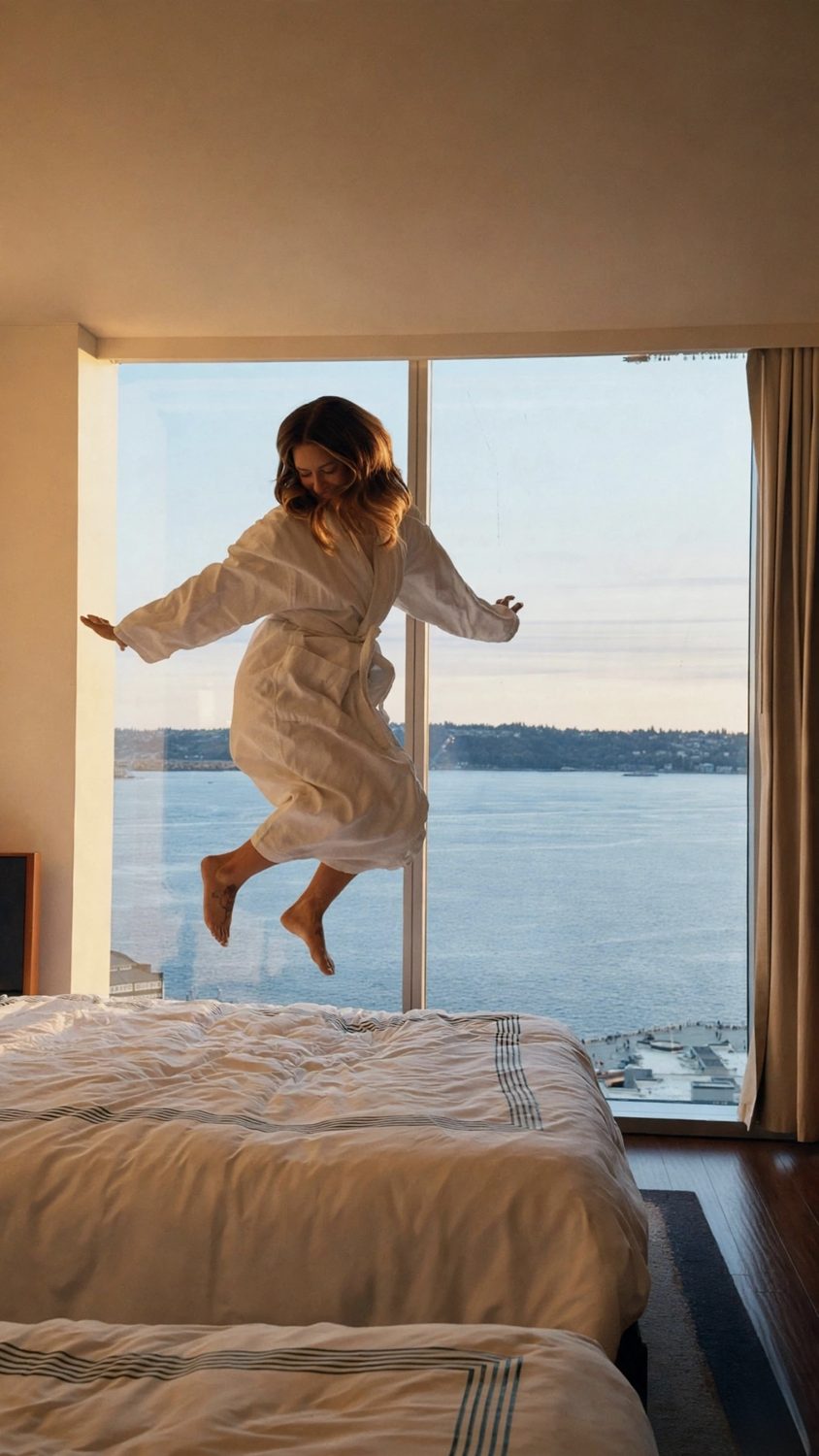 Erica mid-jump in a hotel robe, overlooking the water