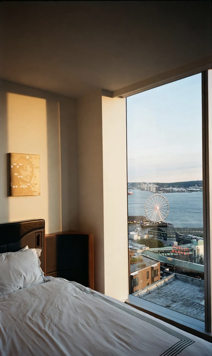 Hotel room window with a waterfront view